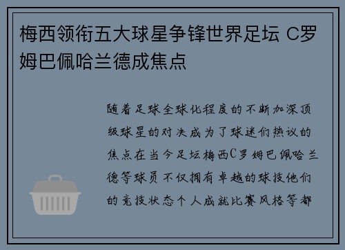 梅西领衔五大球星争锋世界足坛 C罗姆巴佩哈兰德成焦点